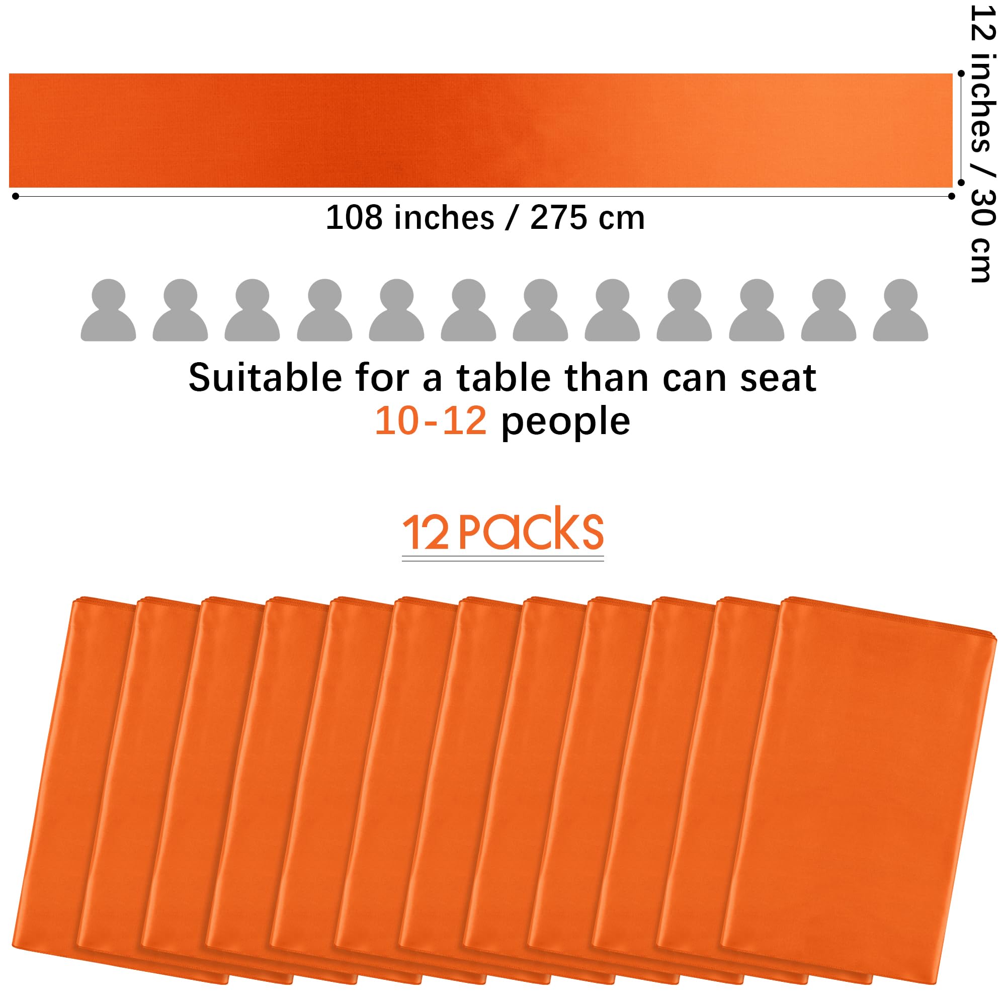 Aneco 12 Pack Satin Table Runner 12 X 108 Inch Orange Long Wedding Satin Silk Table Runner For Wedding Banquet Graduations Birth